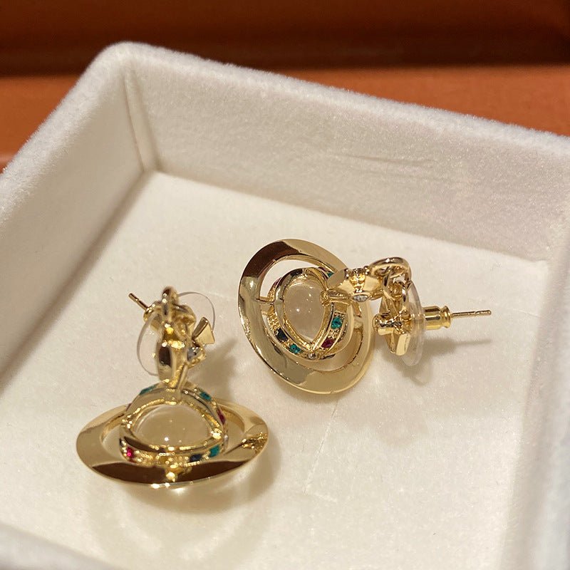 Gold Inlaid Color Pickaxe Stone Earth Planet Earrings Classic Crystal Ball Earrings-Jewearrings