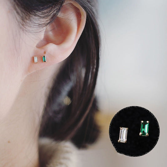 Gold Inlaid White Emerald Green Zircon Cold Wind Mini Temperament Simple Geometric Rectangular Diamond Small Earrings-Jewearrings