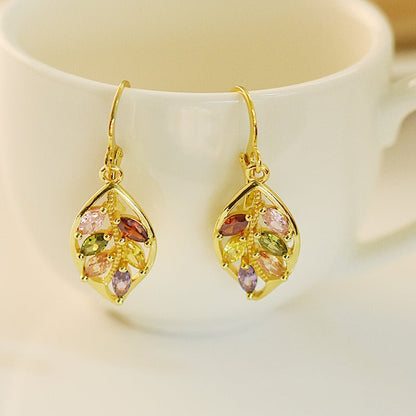 Gold leaf inlaid colorful gemstone earrings-Jewearrings