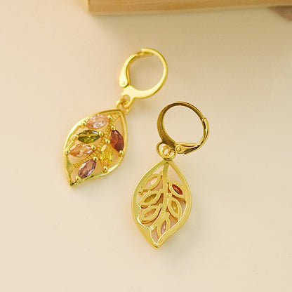 Gold leaf inlaid colorful gemstone earrings-Jewearrings