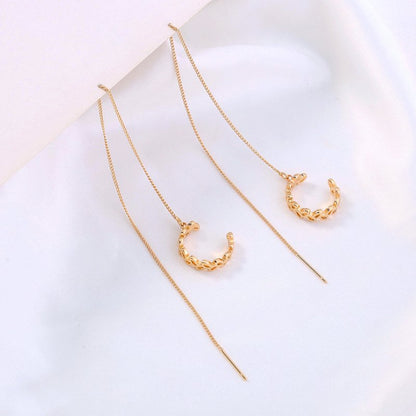 Gold Long Copper C-shaped Hollow Leaf Ear Clip Ear Wire Earrings-Jewearrings