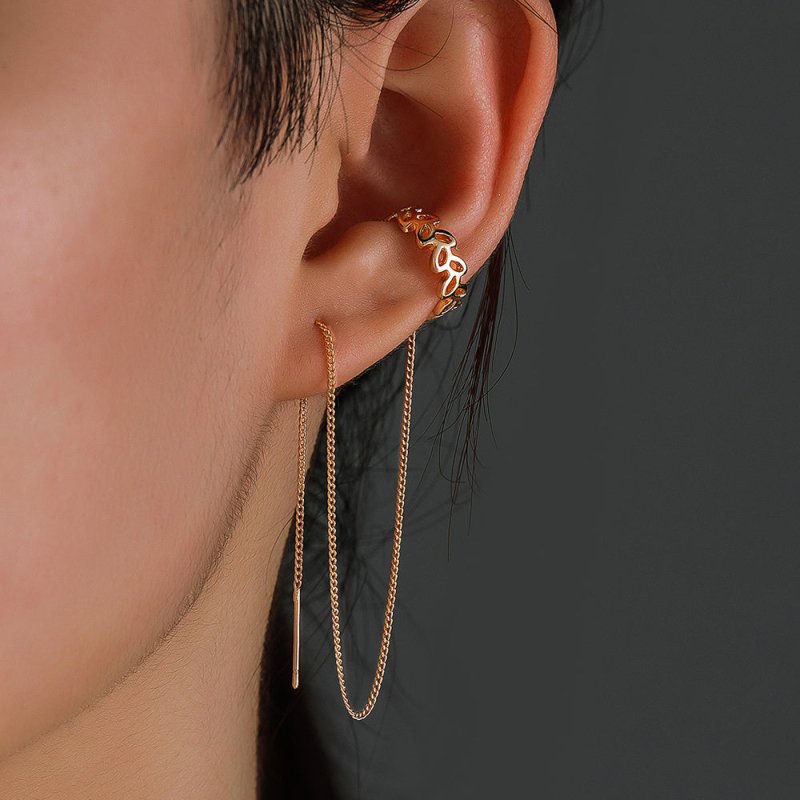 Gold Long Copper C-shaped Hollow Leaf Ear Clip Ear Wire Earrings-Jewearrings