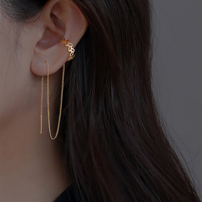 Gold Long Copper C-shaped Hollow Leaf Ear Clip Ear Wire Earrings-Jewearrings