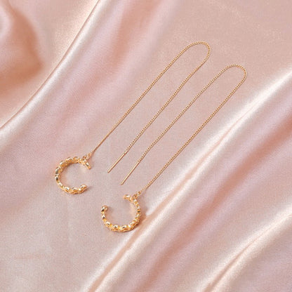 Gold Long Copper C-shaped Hollow Leaf Ear Clip Ear Wire Earrings-Jewearrings