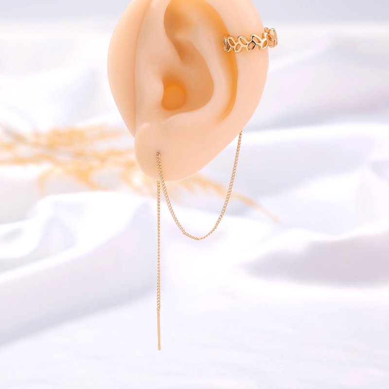 Gold Long Copper C-shaped Hollow Leaf Ear Clip Ear Wire Earrings-Jewearrings