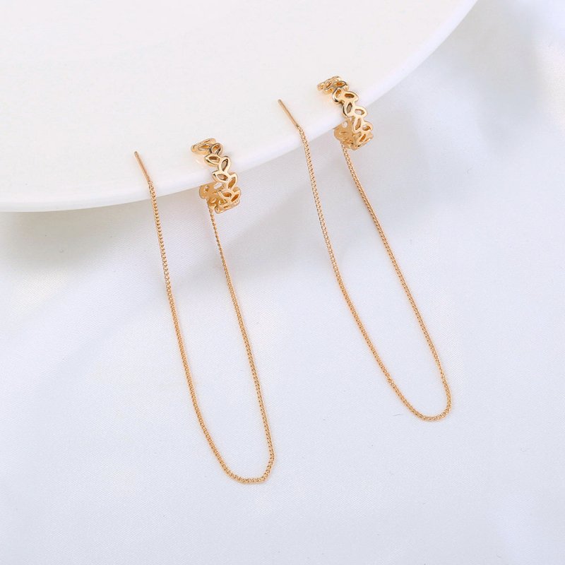 Gold Long Copper C-shaped Hollow Leaf Ear Clip Ear Wire Earrings-Jewearrings