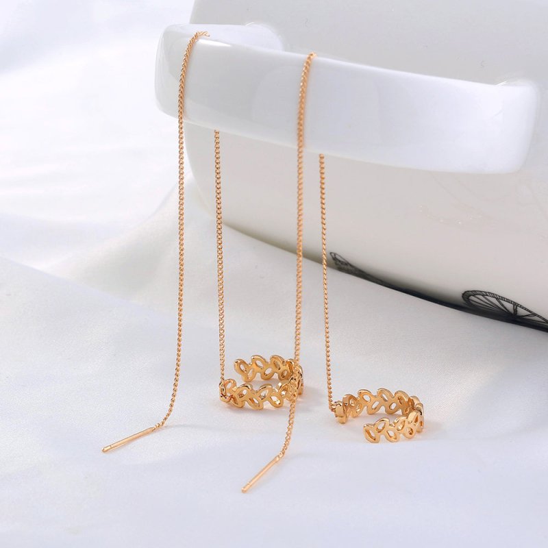 Gold Long Copper C-shaped Hollow Leaf Ear Clip Ear Wire Earrings-Jewearrings