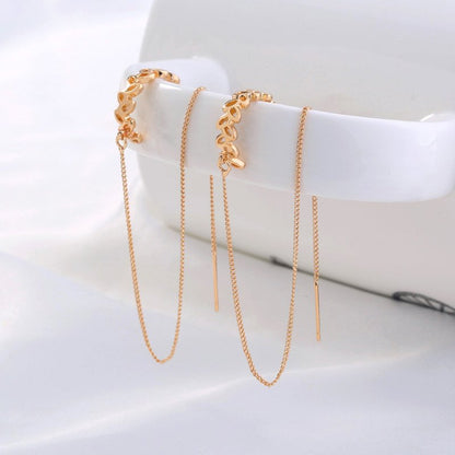 Gold Long Copper C-shaped Hollow Leaf Ear Clip Ear Wire Earrings-Jewearrings