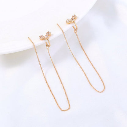 Gold Long Copper Ear Clip Micro-set Pentagram Zircon Earrings-Jewearrings