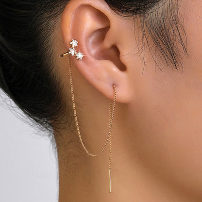 Gold Long Copper Ear Clip Micro-set Pentagram Zircon Earrings-Jewearrings