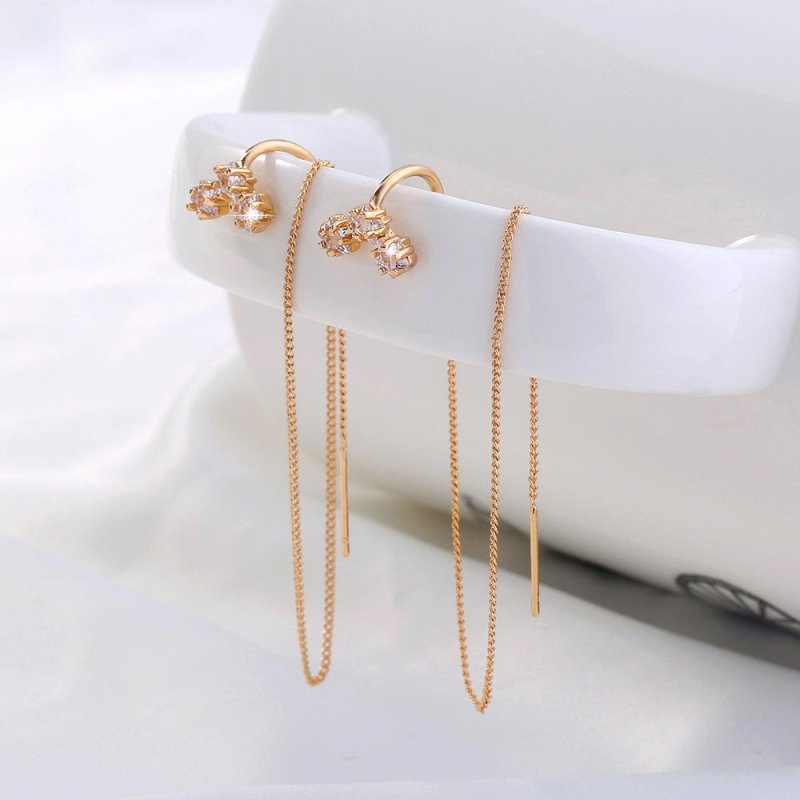 Gold Long Copper Ear Clip Micro-set Pentagram Zircon Earrings-Jewearrings