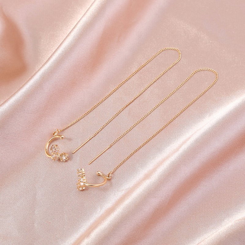 Gold Long Copper Ear Clip Micro-set Pentagram Zircon Earrings-Jewearrings