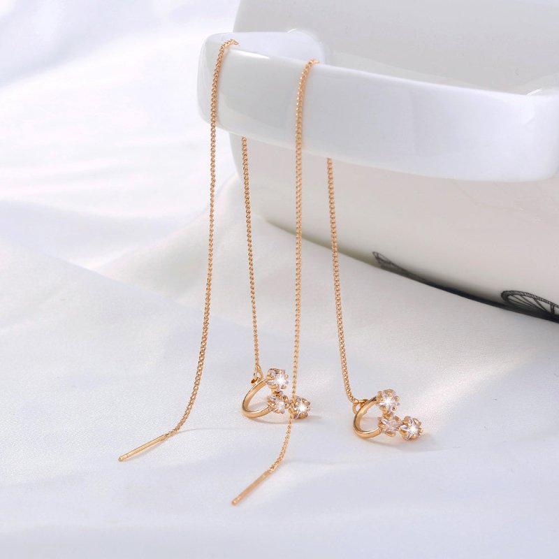 Gold Long Copper Ear Clip Micro-set Pentagram Zircon Earrings-Jewearrings