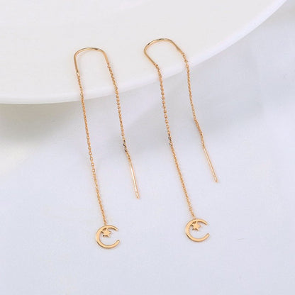 Gold Long Fringed Star And Moon Copper Earrings-Jewearrings