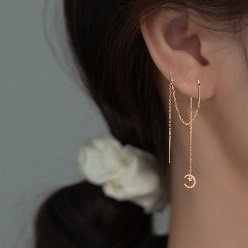 Gold Long Fringed Star And Moon Copper Earrings-Jewearrings