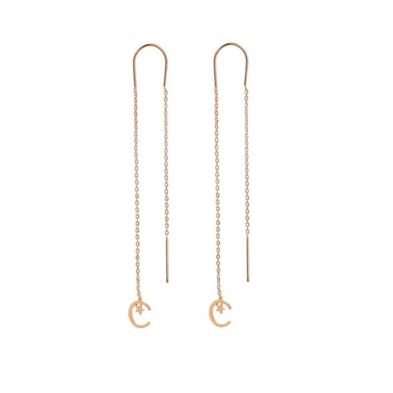 Gold Long Fringed Star And Moon Copper Earrings-Jewearrings