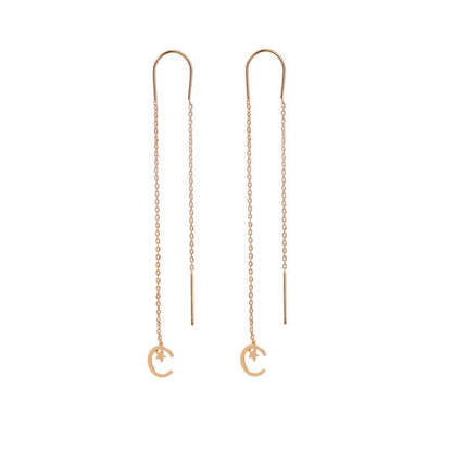 Gold Long Fringed Star And Moon Copper Earrings-Jewearrings