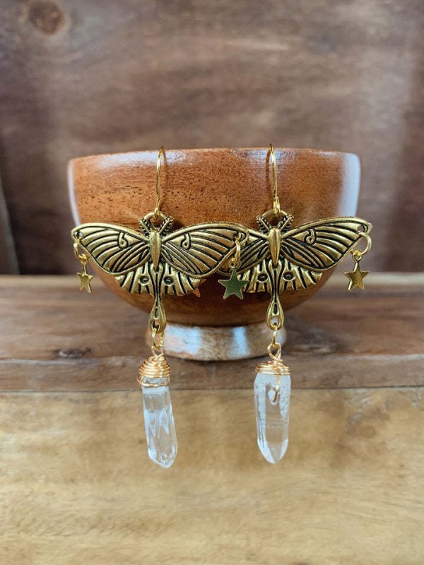 Gold Moth And Quartz Hanging Ear Earrings Celestial Moonstone-Jewearrings