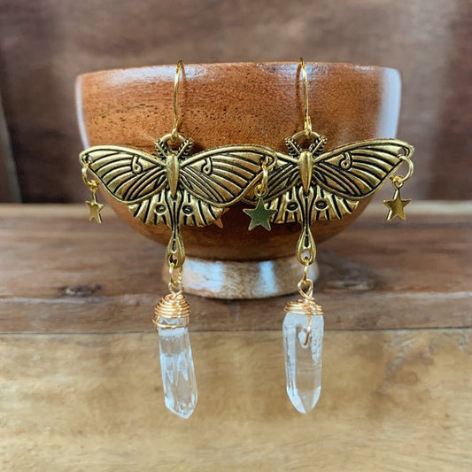 Gold Moth And Quartz Hanging Ear Earrings Celestial Moonstone-Jewearrings