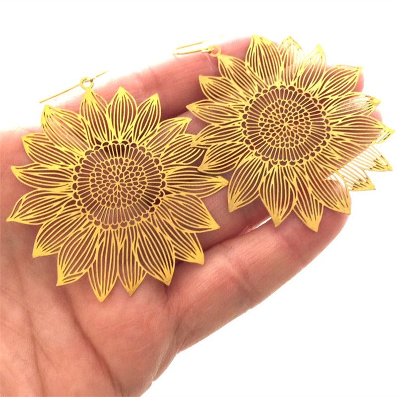 Gold Openwork Sunflower Earrings-Jewearrings