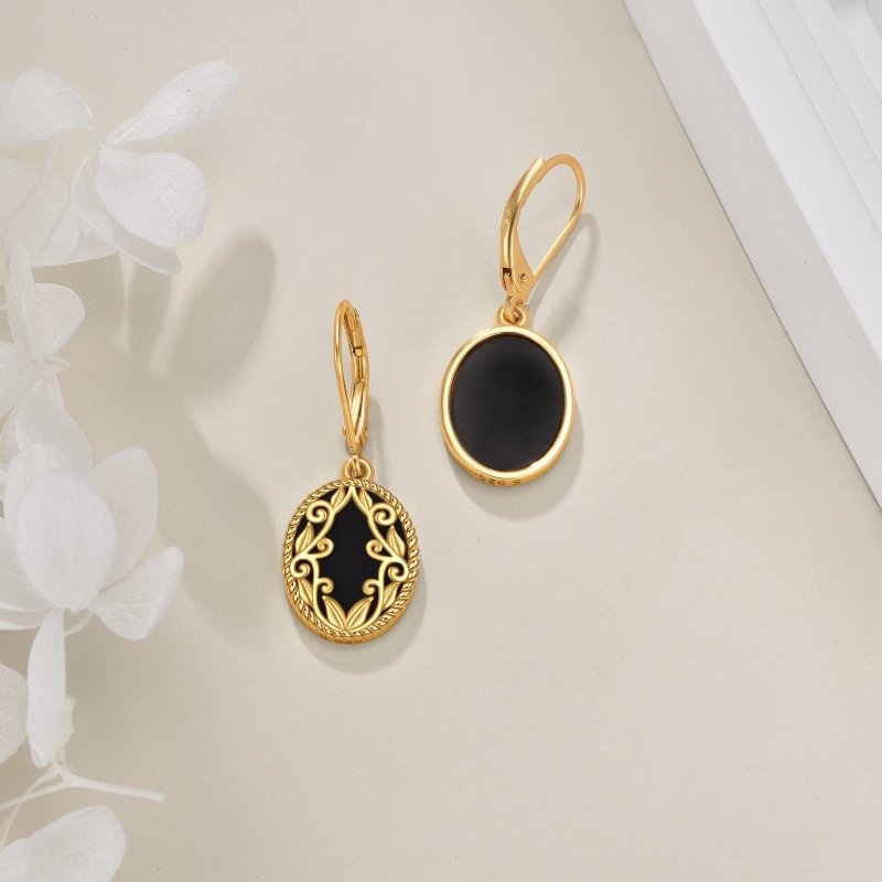 Gold Plated Black Agate Sterling Silver Drop Dangle Earrings Jewelry Gift for Women-Jewearrings