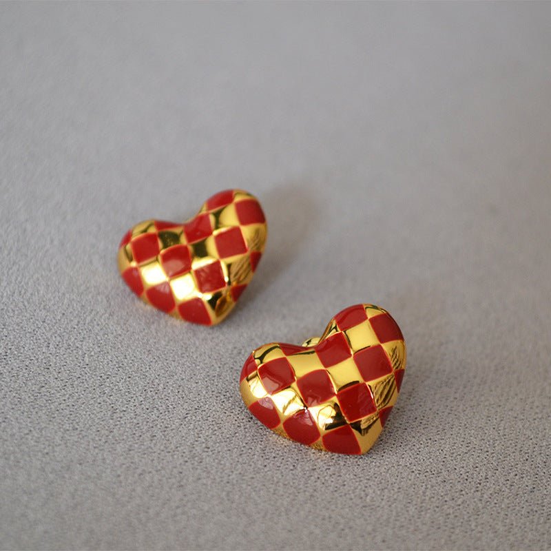 Gold-plated Brass Handmade Enamel Drip Glaze Checkerboard Stud Earrings-Jewearrings