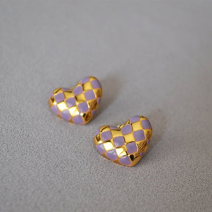 Gold-plated Brass Handmade Enamel Drip Glaze Checkerboard Stud Earrings-Jewearrings