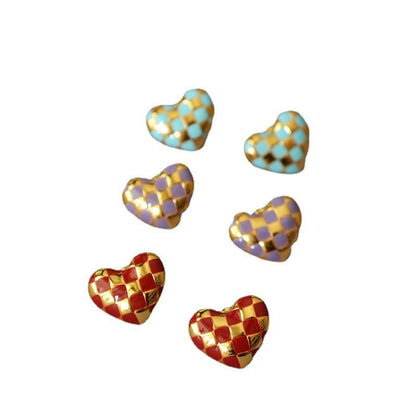 Gold-plated Brass Handmade Enamel Drip Glaze Checkerboard Stud Earrings-Jewearrings