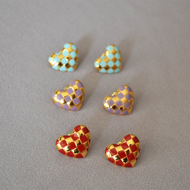 Gold-plated Brass Handmade Enamel Drip Glaze Checkerboard Stud Earrings-Jewearrings