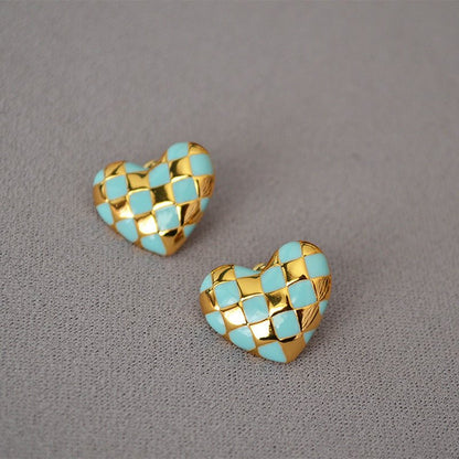 Gold-plated Brass Handmade Enamel Drip Glaze Checkerboard Stud Earrings-Jewearrings