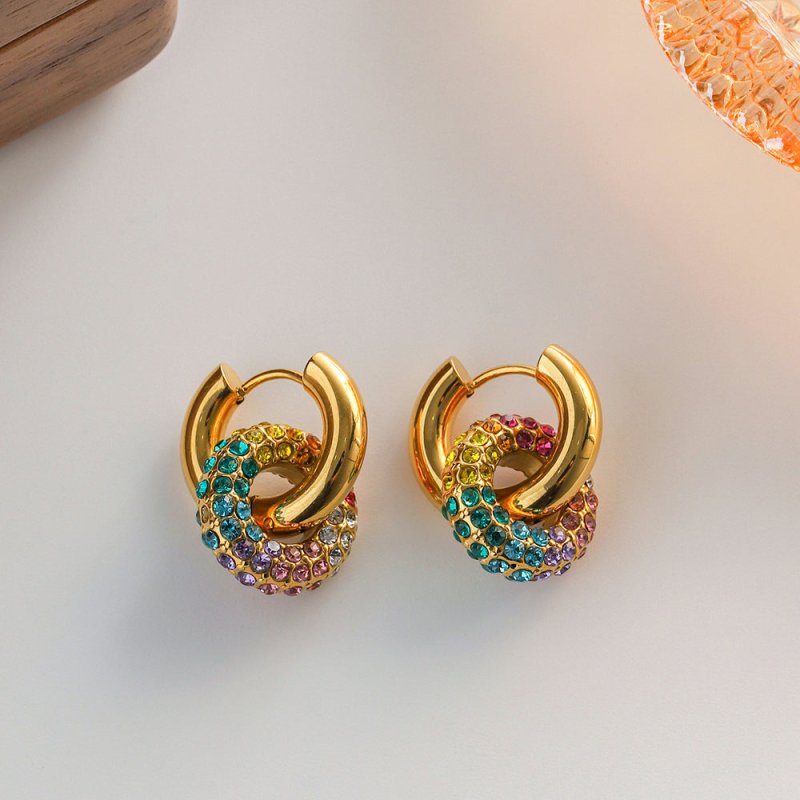 Gold-plated Colorful Diamond Original Donut All-match Fashion Earrings-Jewearrings