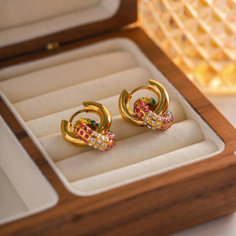 Gold-plated Colorful Diamond Original Donut All-match Fashion Earrings-Jewearrings