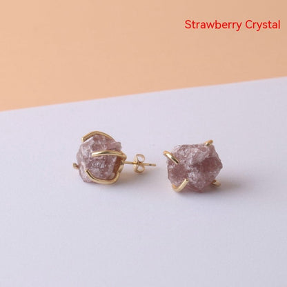 Gold-plated Four-claw Irregular Stone Rough Stone Stud Earrings For Women-Jewearrings