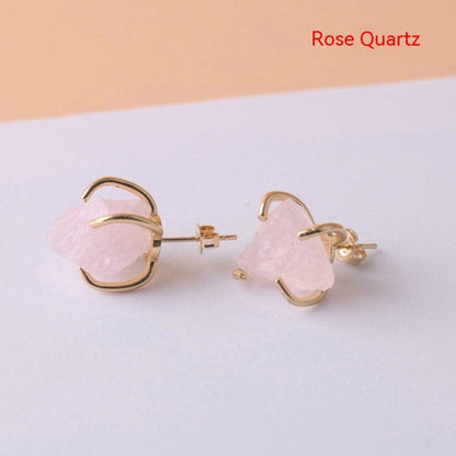 Gold-plated Four-claw Irregular Stone Rough Stone Stud Earrings For Women-Jewearrings