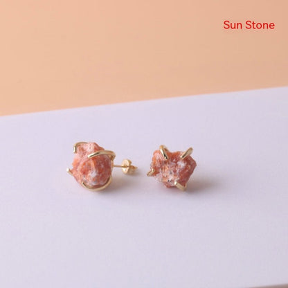 Gold-plated Four-claw Irregular Stone Rough Stone Stud Earrings For Women-Jewearrings