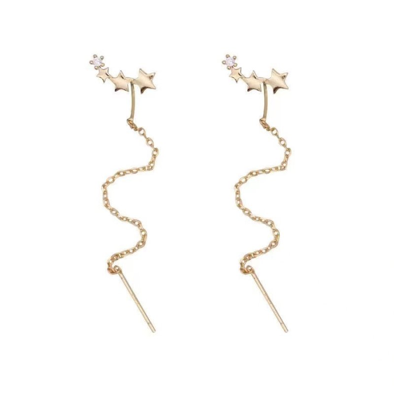 Gold Simple Single Diamond Pentagram Ear Lines Exquisite Fashion Little Star Titanium Steel Long Tassel Earrings-Jewearrings