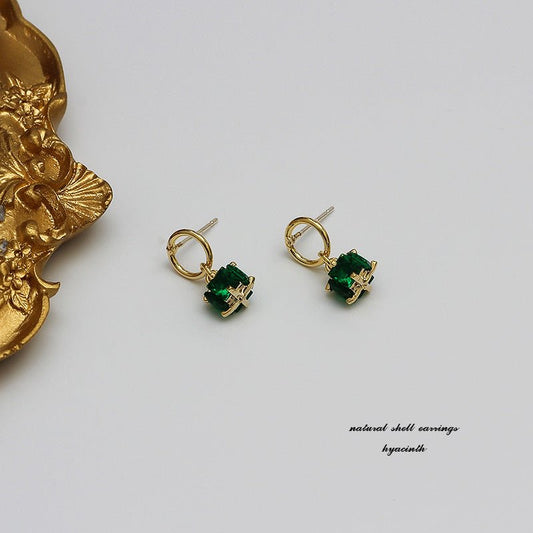 Gold Square Emerald Crystal Stud Earrings Exquisite Ear Jewelry-Jewearrings