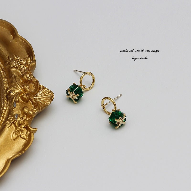 Gold Square Emerald Crystal Stud Earrings Exquisite Ear Jewelry-Jewearrings