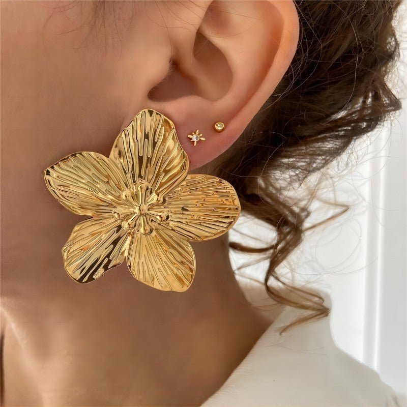 Gold Stainless Steel Butterfly Flower Stud Earrings-Jewearrings