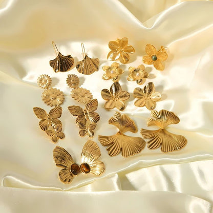 Gold Stainless Steel Butterfly Flower Stud Earrings-Jewearrings