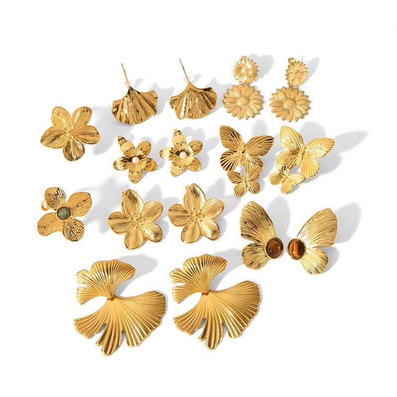 Gold Stainless Steel Butterfly Flower Stud Earrings-Jewearrings