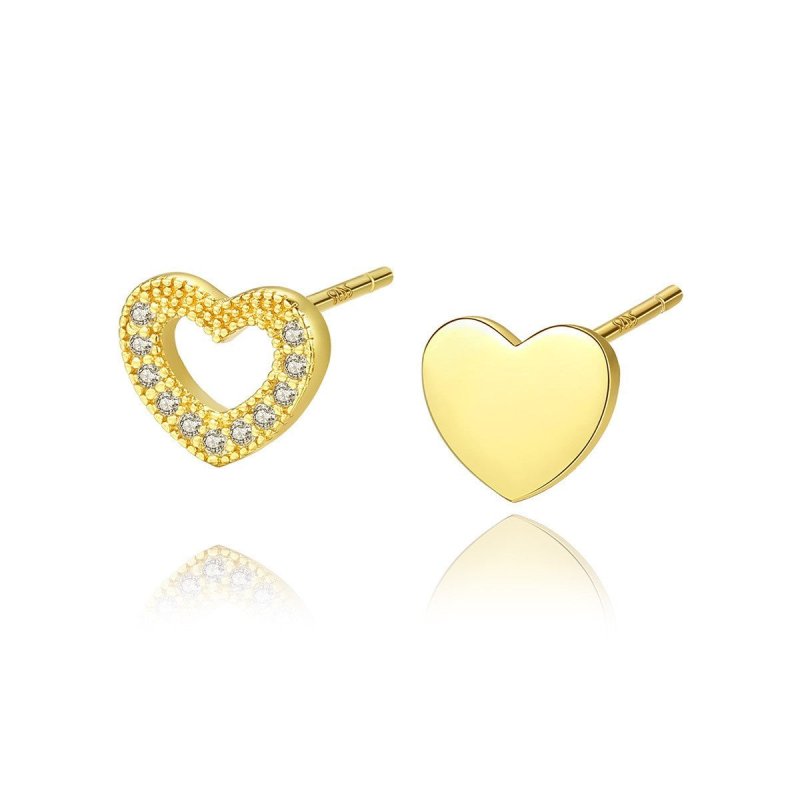 Gold Stud Earrings Love S925 Silver Zircon Earrings Asymmetric Peach Heart-Jewearrings