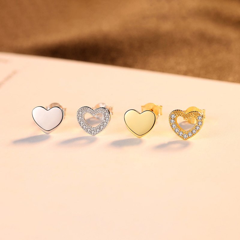 Gold Stud Earrings Love S925 Silver Zircon Earrings Asymmetric Peach Heart-Jewearrings