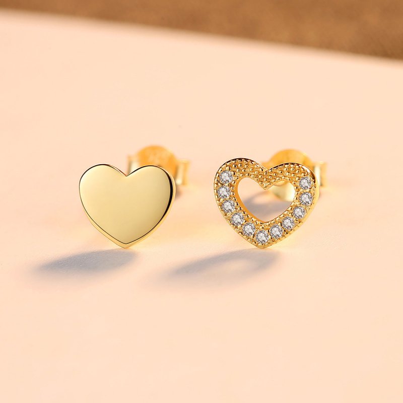 Gold Stud Earrings Love S925 Silver Zircon Earrings Asymmetric Peach Heart-Jewearrings