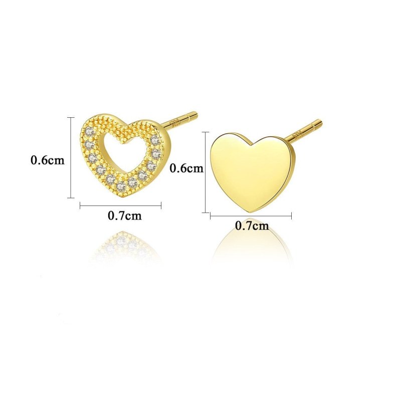 Gold Stud Earrings Love S925 Silver Zircon Earrings Asymmetric Peach Heart-Jewearrings