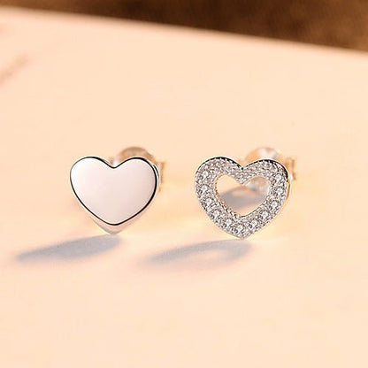 Gold Stud Earrings Love S925 Silver Zircon Earrings Asymmetric Peach Heart-Jewearrings