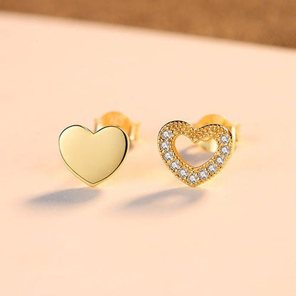 Gold Stud Earrings Love S925 Silver Zircon Earrings Asymmetric Peach Heart-Jewearrings