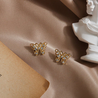 Golden Butterfly Diamond 925 Silver Stud Earrings-Jewearrings