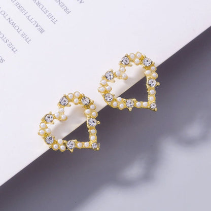 Golden Diamond Pearl Love Tree Stud Earrings Heart Shape-Jewearrings