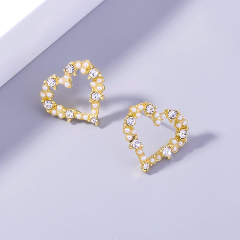 Golden Diamond Pearl Love Tree Stud Earrings Heart Shape-Jewearrings